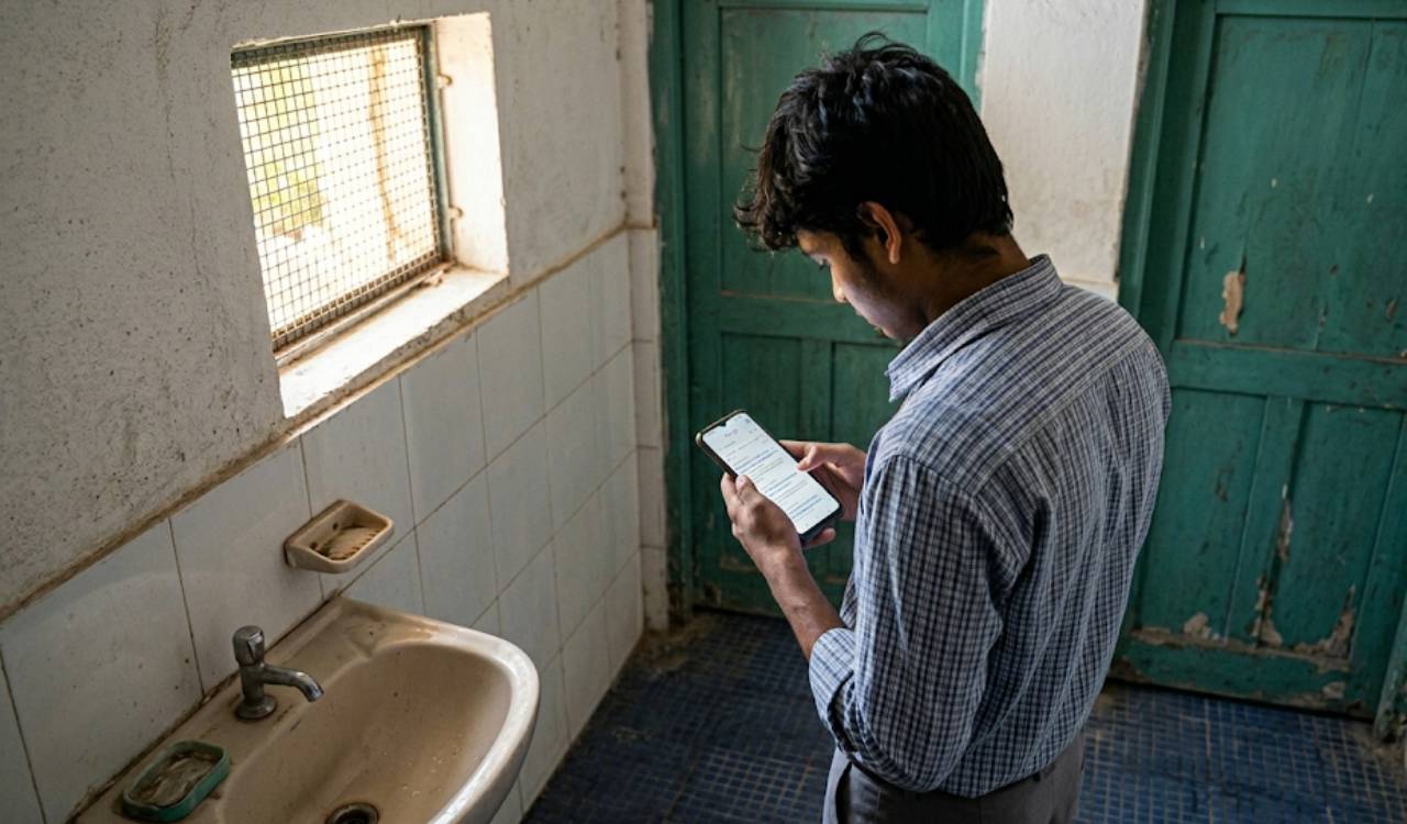 Police official examining a retrieved mobile phone, with an examination hall in the background, illustrating the NEET re-exam cheating incident in Hyderabad.