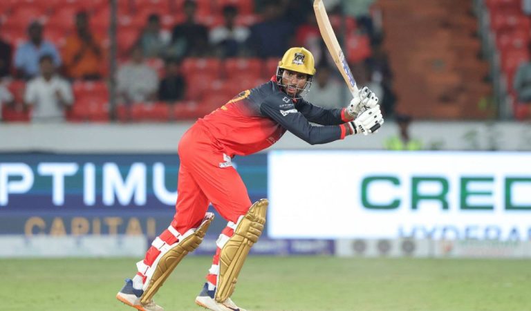 Tilak Varma celebrating his century during the Sreenidhi University TG20 cricket match at Rajiv Gandhi International Cricket Stadium, Hyderabad