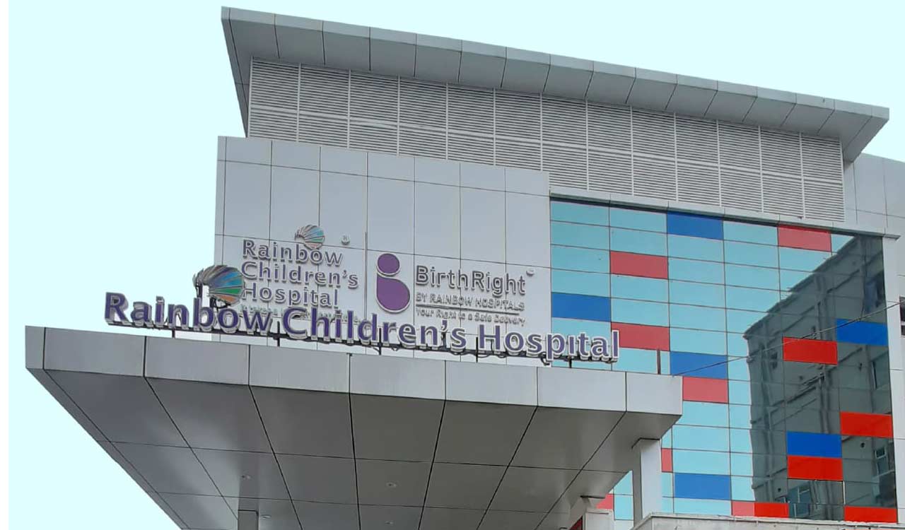 Exterior view of Rainbow Children's Hospital in Hyderabad, a prominent pediatric healthcare facility.