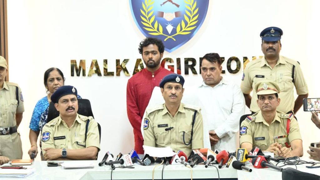 Hyderabad Alwal police presenting arrested individuals during a press conference about the 2-BHK housing scam.