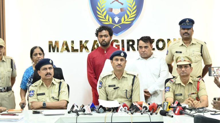 Hyderabad Alwal police presenting arrested individuals during a press conference about the 2-BHK housing scam.