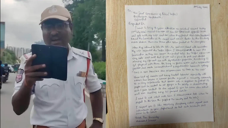 A Cyberabad Police traffic constable speaking with citizens during a parking dispute in Gachibowli.