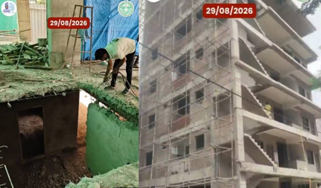 CMC enforcement team demolishing an unauthorised building in Cyberabad, with debris and officials on site