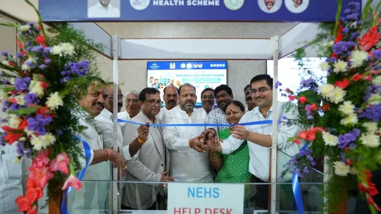 Employee Mitra helpdesk counter at a super-specialty hospital in Hyderabad for Telangana government employees and pensioners under the NEHS scheme.