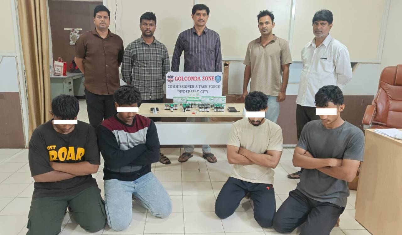 Hyderabad Task Force and Goshamahal Police officers with seized mephentermine sulphate injections, insulin syringes, and mobile phones recovered from four arrested men at Begum