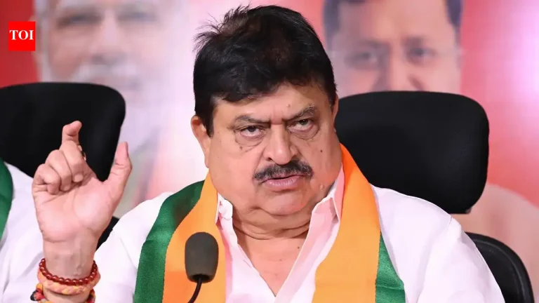 Telangana BJP president N Ramchander Rao speaking at a media conference in New Delhi demanding a probe into land irregularities under BRS and Congress governments