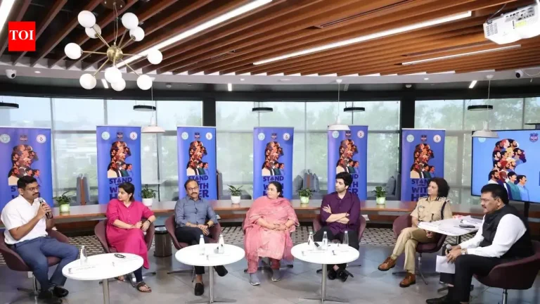 Panelists including actor Adivi Sesh and Women Safety Wing DG Charu Sinha at the Stand With Her campaign in Hyderabad