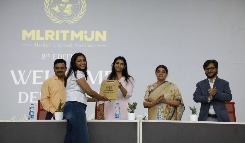 Students debating during the eighth Model United Nations conference at MLR Institute of Technology in Hyderabad