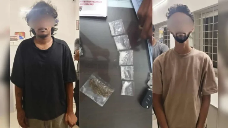 Telangana EAGLE officials display seized MDMA, dry ganja, weighing machine and iPhones recovered from two suspects in Bachupally